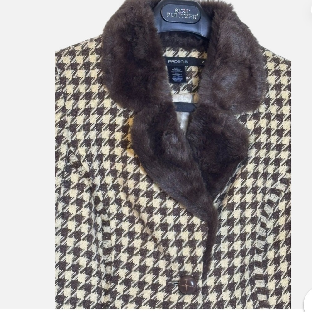 VTG Houndstooth Wool Blend Blazer Jacket Faux Fur Collar M Mobwife OldMoney